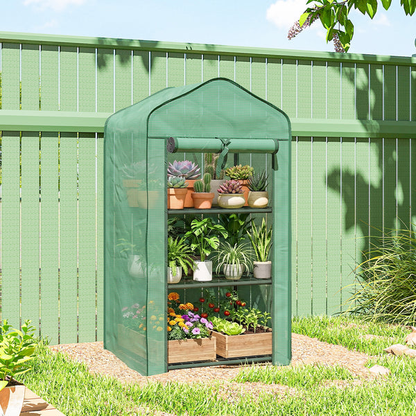 Serre de jardin avec étagères 3 niveaux, serre de balcon, bâche renforcée PE, châssis en acier, porte zippée enroulable, pour légumes plantes fleurs, 59 x 39 x 127 cm, vert