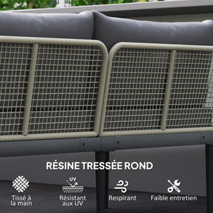 Salon de jardin extérieur d'angle 4 places modulable en bois d'acacia et acier avec canapés et table basse, plateau à lattes et coussins inclus, mobilier de jardin terrasse véranda, gris