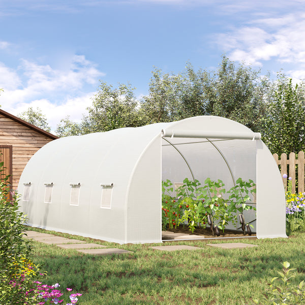 Serre de Jardin Tunnel Surface Sol 18 m² 6L x 3l x 2H m châssis Tubulaire renforcé 24 mm 8 fenêtres Blanc