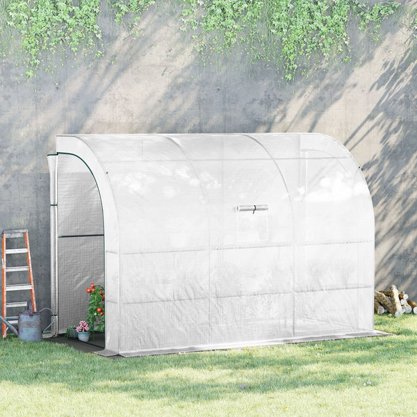 Serre de Jardin Adossée avec Étagères 3 Niveaux, Petite Serre de Balcon en Bâche PE 140 g/㎡ Renforcée et Châssis Acier, pour Légumes et Fleurs, Intérieur et Extérieur, 300x150x213cm, Blanc