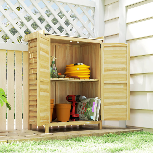 Armoire de jardin, armoire extérieure de rangement en bois avec étagère et crochets, plan de travail en métal galvanisé, table de rempotage pour balcon, terrasse, 71,5x39x95cm, bois naturel