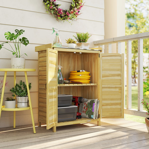 Armoire de jardin, armoire extérieure de rangement en bois avec étagère et crochets, plan de travail en métal galvanisé, table de rempotage pour balcon, terrasse, 71,5x39x95cm, bois naturel