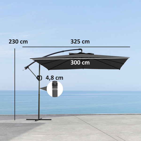 Parasol déporté carré 3 x 3 m, parasol de jardin extérieur avec manivelle, base croisée, parasol inclinable et rotation à 360°, toile polyester 180 g/m², protection UV UPF50+, gris foncé