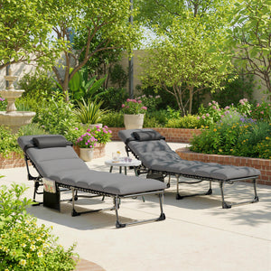 Lot de 2 Bains de Soleil 200cm avec Matelas XXL 9cm - Transat de Jardin Inclinable 180° Plat - Lit de Camp Pliable à 5 Positions, Charge 120kg, Poignée de Transport et Poche Latérale, Gris