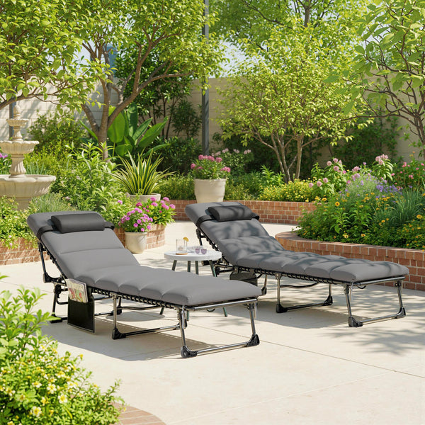 Lot de 2 Bains de Soleil 200cm avec Matelas XXL 9cm - Transat de Jardin Inclinable 180° Plat - Lit de Camp Pliable à 5 Positions, Charge 120kg, Poignée de Transport et Poche Latérale, Gris
