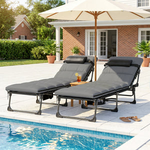 Lot de 2 Bains de Soleil 200cm avec Matelas XXL 9cm - Transat de Jardin Inclinable 180° Plat - Lit de Camp Pliable à 5 Positions, Charge 120kg, Poignée de Transport et Poche Latérale, Gris