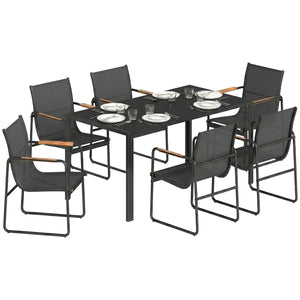 Ensemble de Salle à Manger d'Extérieur 7 Pièces pour 6 Personnes, Table en Verre et Chaises avec Accoudoirs Décoratifs, Mobilier de Jardin en Acier pour Terrasse et Jardin, Noir