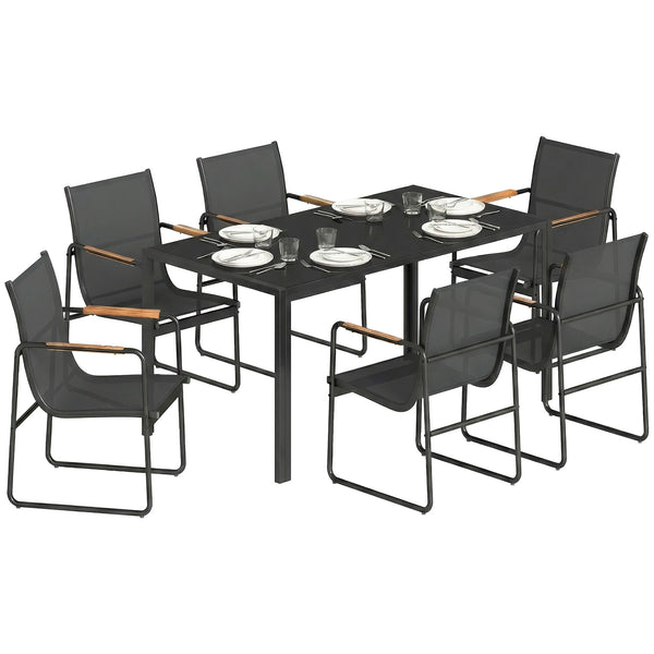 Ensemble de Salle à Manger d'Extérieur 7 Pièces pour 6 Personnes, Table en Verre et Chaises avec Accoudoirs Décoratifs, Mobilier de Jardin en Acier pour Terrasse et Jardin, Noir