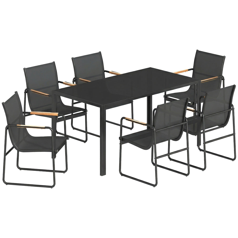 Ensemble de Salle à Manger d'Extérieur 7 Pièces pour 6 Personnes, Table en Verre et Chaises avec Accoudoirs Décoratifs, Mobilier de Jardin en Acier pour Terrasse et Jardin, Noir