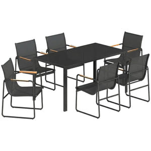 Ensemble de Salle à Manger d'Extérieur 7 Pièces pour 6 Personnes, Table en Verre et Chaises avec Accoudoirs Décoratifs, Mobilier de Jardin en Acier pour Terrasse et Jardin, Noir