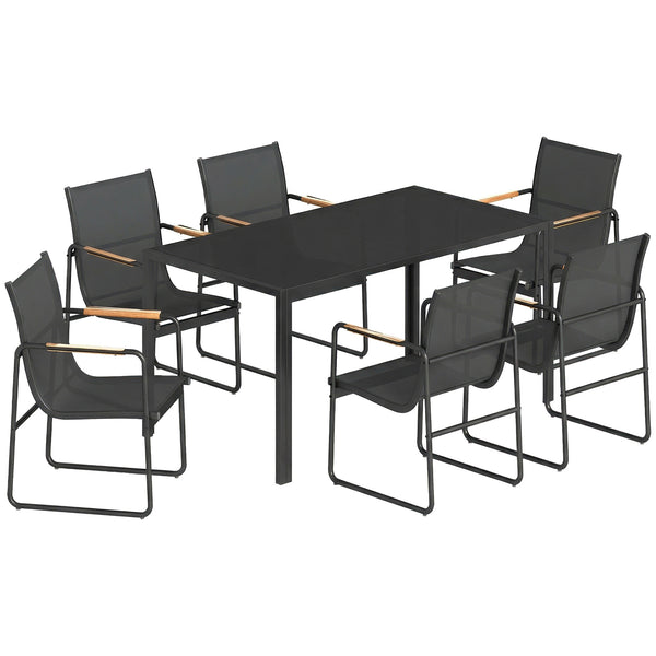 Ensemble de Salle à Manger d'Extérieur 7 Pièces pour 6 Personnes, Table en Verre et Chaises avec Accoudoirs Décoratifs, Mobilier de Jardin en Acier pour Terrasse et Jardin, Noir