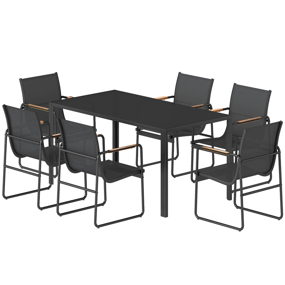 Ensemble de Salle à Manger d'Extérieur 7 Pièces pour 6 Personnes, Table en Verre et Chaises avec Accoudoirs Décoratifs, Mobilier de Jardin en Acier pour Terrasse et Jardin, Noir