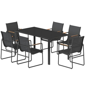 Ensemble de Salle à Manger d'Extérieur 7 Pièces pour 6 Personnes, Table en Verre et Chaises avec Accoudoirs Décoratifs, Mobilier de Jardin en Acier pour Terrasse et Jardin, Noir