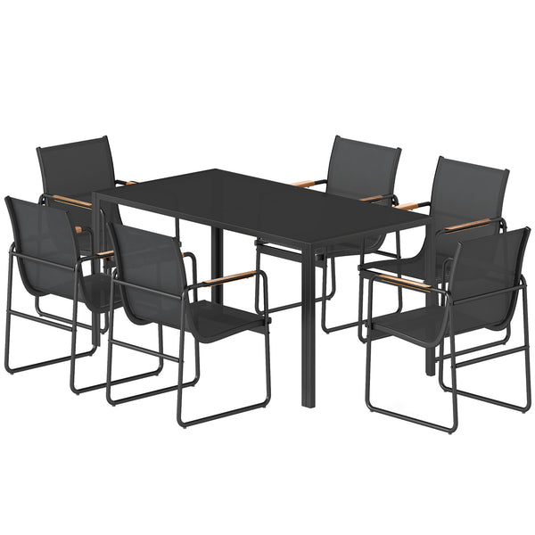 Ensemble de Salle à Manger d'Extérieur 7 Pièces pour 6 Personnes, Table en Verre et Chaises avec Accoudoirs Décoratifs, Mobilier de Jardin en Acier pour Terrasse et Jardin, Noir