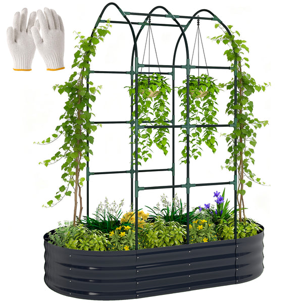 Jardinière avec treillis arqué, bac à fleurs en métal, lit surélevé avec brise-vue, fond ouvert, gants inclus, pour plantes grimpantes, légumes, fleurs, 160x90x180cm, gris foncé