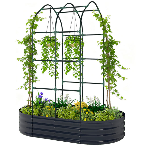 Jardinière avec treillis arqué, bac à fleurs en métal, lit surélevé avec brise-vue, fond ouvert, gants inclus, pour plantes grimpantes, légumes, fleurs, 160x90x180cm, gris foncé