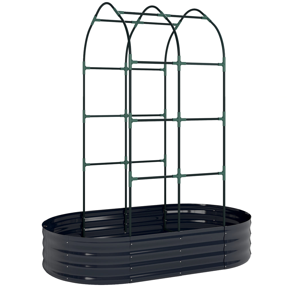 Jardinière avec treillis arqué, bac à fleurs en métal, lit surélevé avec brise-vue, fond ouvert, gants inclus, pour plantes grimpantes, légumes, fleurs, 160x90x180cm, gris foncé