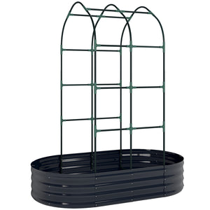 Jardinière avec treillis arqué, bac à fleurs en métal, lit surélevé avec brise-vue, fond ouvert, gants inclus, pour plantes grimpantes, légumes, fleurs, 160x90x180cm, gris foncé