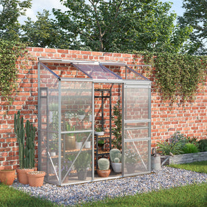 Serre adossée, serre de jardin, fenêtres ouvrables à 5 niveaux, panneau en polycarbonate, cadre en aluminium, 192 x 68 x 196 cm, transparent