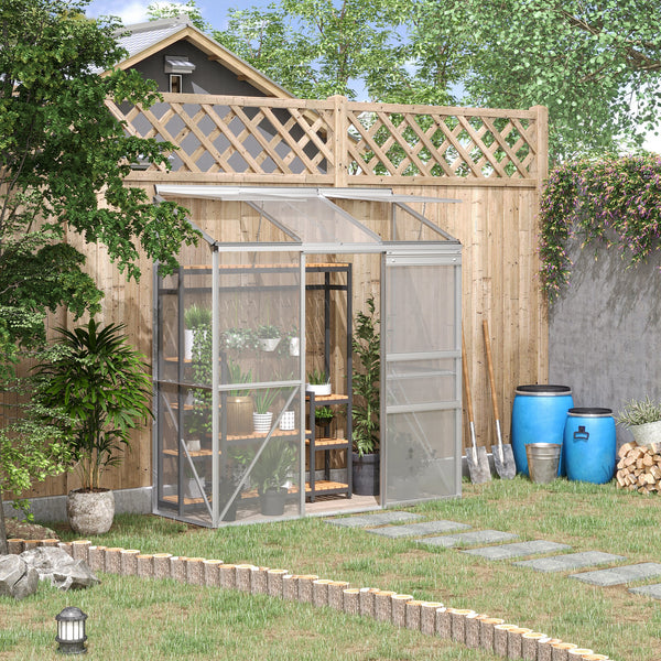 Serre adossée, serre de jardin, fenêtres ouvrables à 5 niveaux, panneau en polycarbonate, cadre en aluminium, 192 x 68 x 196 cm, transparent