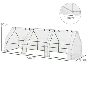 Mini Serre de Jardin mini serre tunnel 270L x 90l x 90H cm toit pointu Acier PE Haute densité 140 g/m² Anti-UV 3 fenêtres avec Zip enroulables Blanc