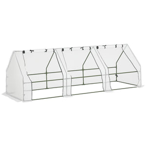 Mini Serre de Jardin mini serre tunnel 270L x 90l x 90H cm toit pointu Acier PE Haute densité 140 g/m² Anti-UV 3 fenêtres avec Zip enroulables Blanc
