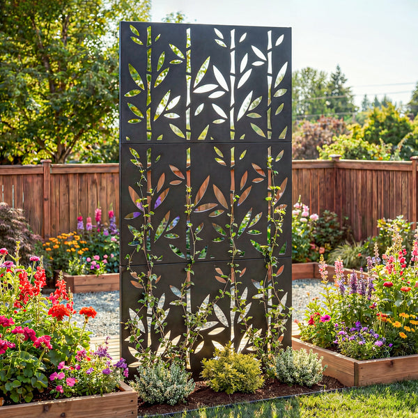 Panneau Brise Vue décoratif Extérieur Claustra Décoratif Jardin 3 Panneaux à motif Bambou paravent extérieur avec support en métal 92 x 40 x 192 cm, Noir