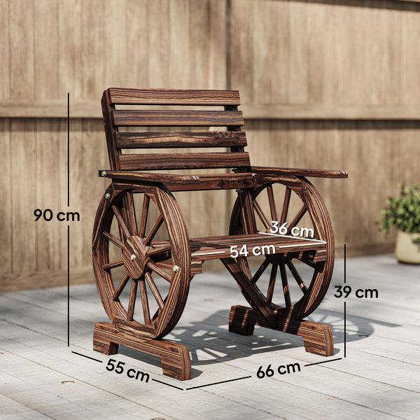 Chaise de Jardin en Bois, Fauteuil de Terrasse Style Roue de Chariot, Accoudoirs, Siège Large à Lattes et Dossier Incliné, Chaised'Extérieur pour Terrasse Balcon Patior, Finition Carbonisée