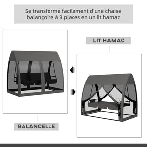 Balancelle de jardin convertible 3 places, balancelle d'extérieur avec auvent et coussins, filet avec fermetures éclair, poche, pour jardin, cour, gris