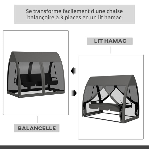 Balancelle de jardin convertible 3 places, balancelle d'extérieur avec auvent et coussins, filet avec fermetures éclair, poche, pour jardin, cour, gris