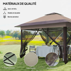 Tonnelle de jardin extérieur tonnelle pliante 3,6x3,6m avec double toit acier polyester moustiquaires + sac de transport à roulettes kaki marron