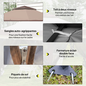 Tonnelle de jardin extérieur tonnelle pliante 3,6x3,6m avec double toit acier polyester moustiquaires + sac de transport à roulettes kaki marron
