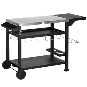 Chariot desserte pour barbecue plancha avec plateau en inox, multi-équipements, 6 crochets, tablette rabattable, 3 étages, 2 roulettes