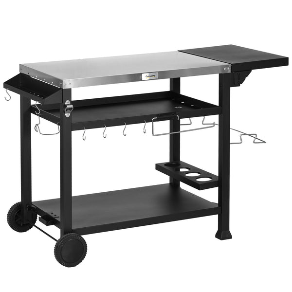 Chariot desserte pour barbecue plancha avec plateau en inox, multi-équipements, 6 crochets, tablette rabattable, 3 étages, 2 roulettes