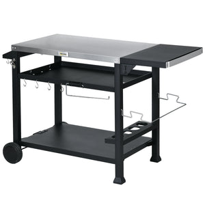 Chariot desserte pour barbecue plancha avec plateau en inox, multi-équipements, 6 crochets, tablette rabattable, 3 étages, 2 roulettes