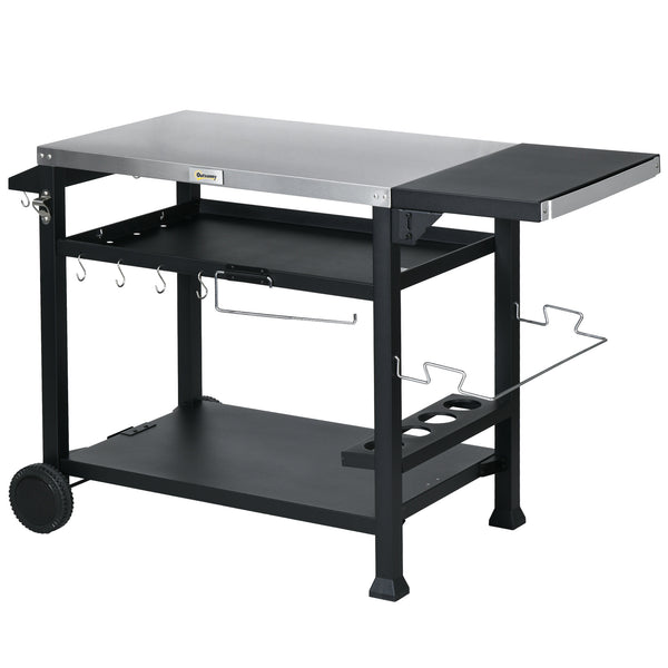 Chariot desserte pour barbecue plancha avec plateau en inox, multi-équipements, 6 crochets, tablette rabattable, 3 étages, 2 roulettes