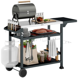 Chariot desserte pour barbecue plancha avec plateau en inox, multi-équipements, 6 crochets, tablette rabattable, 3 étages, 2 roulettes