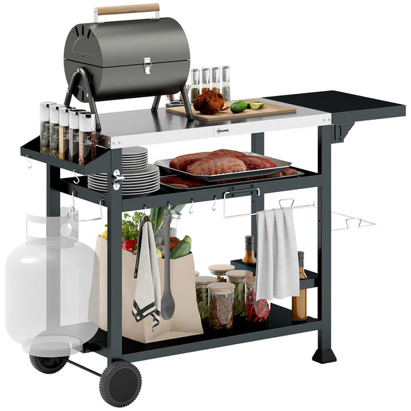 Chariot desserte pour barbecue plancha avec plateau en inox, multi-équipements, 6 crochets, tablette rabattable, 3 étages, 2 roulettes