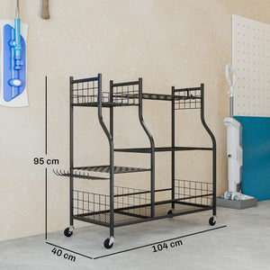 Organisateur d'Outils de Jardin en Acier à 3 Niveaux, 74 Emplacements, 4 Roues, 11 Crochets, Porte-Outils de Jardin pour Pelles et Râteaux Longs, Noir