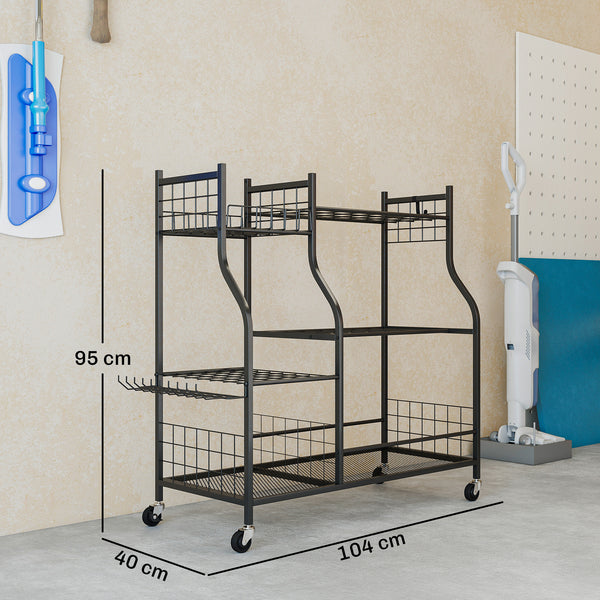 Organisateur d'Outils de Jardin en Acier à 3 Niveaux, 74 Emplacements, 4 Roues, 11 Crochets, Porte-Outils de Jardin pour Pelles et Râteaux Longs, Noir