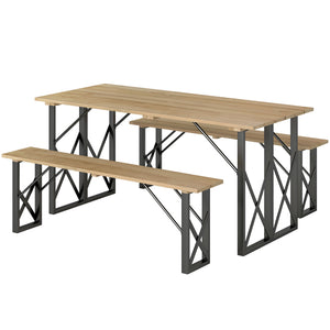 Ensemble table et bancs en bois, table de pique-nique en bois avec banc pour 6 à 8 personnes, 160 cm, avec trou pour parasol de 5 cm, cadre en acier, marron