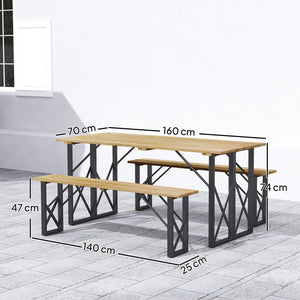 Ensemble table et bancs en bois, table de pique-nique en bois avec banc pour 6 à 8 personnes, 160 cm, avec trou pour parasol de 5 cm, cadre en acier, marron