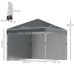 Tonnelle de jardin pop-up pliant barnum réglable en hauteur protection UV 30+ 2 parois latérales - sac de transport inclus - pour fête, événement plein air - 297 x 297 x 288 cm gris foncé