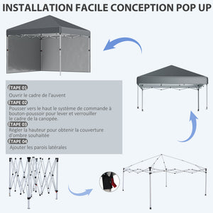 Tonnelle de jardin pop-up pliant barnum réglable en hauteur protection UV 30+ 2 parois latérales - sac de transport inclus - pour fête, événement plein air - 297 x 297 x 288 cm gris foncé