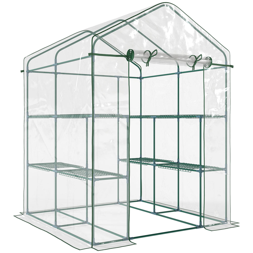 Serre de jardin avec étagères 3 niveaux, serre de balcon, châssis en acier, porte zippée enroulable, pour légumes plantes fleurs, intérieur et extérieur, 143x143x195cm, transparent