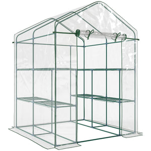 Serre de jardin avec étagères 3 niveaux, serre de balcon, châssis en acier, porte zippée enroulable, pour légumes plantes fleurs, intérieur et extérieur, 143x143x195cm, transparent