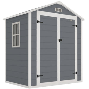 Abri de jardin cabanon en résine polypropylène 2,12 m² - 2 portes 1 fenêtre et 1 grille d'aération, toit en pente, gris