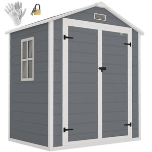 Abri de jardin cabanon en résine polypropylène 2,12 m² - 2 portes 1 fenêtre et 1 grille d'aération, toit en pente, gris