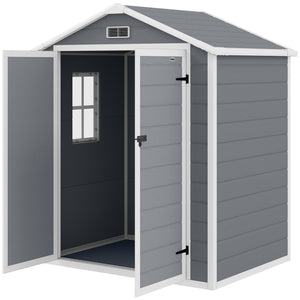 Abri de jardin cabanon en résine polypropylène 2,12 m² - 2 portes 1 fenêtre et 1 grille d'aération, toit en pente, gris
