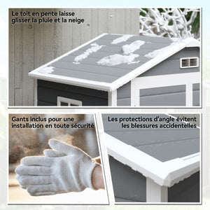 Abri de jardin cabanon en résine polypropylène 2,12 m² - 2 portes 1 fenêtre et 1 grille d'aération, toit en pente, gris